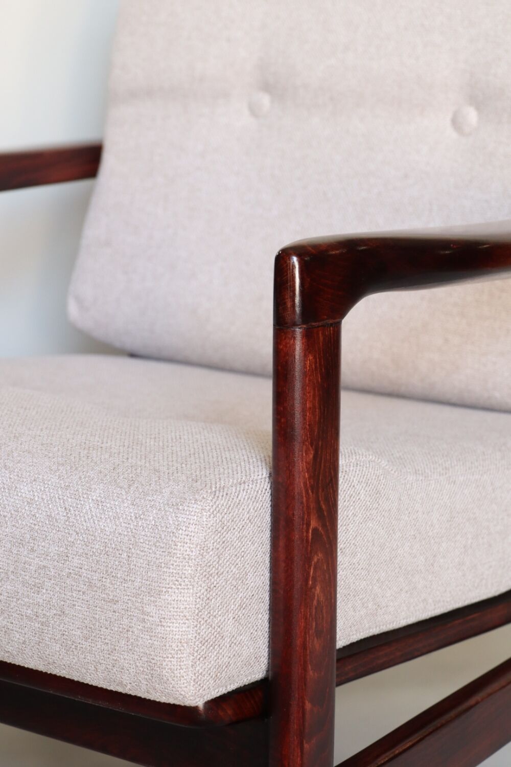 Wood armchair oryginal design by Z. Baczyk 7522 beige colour fabrics palisander wood