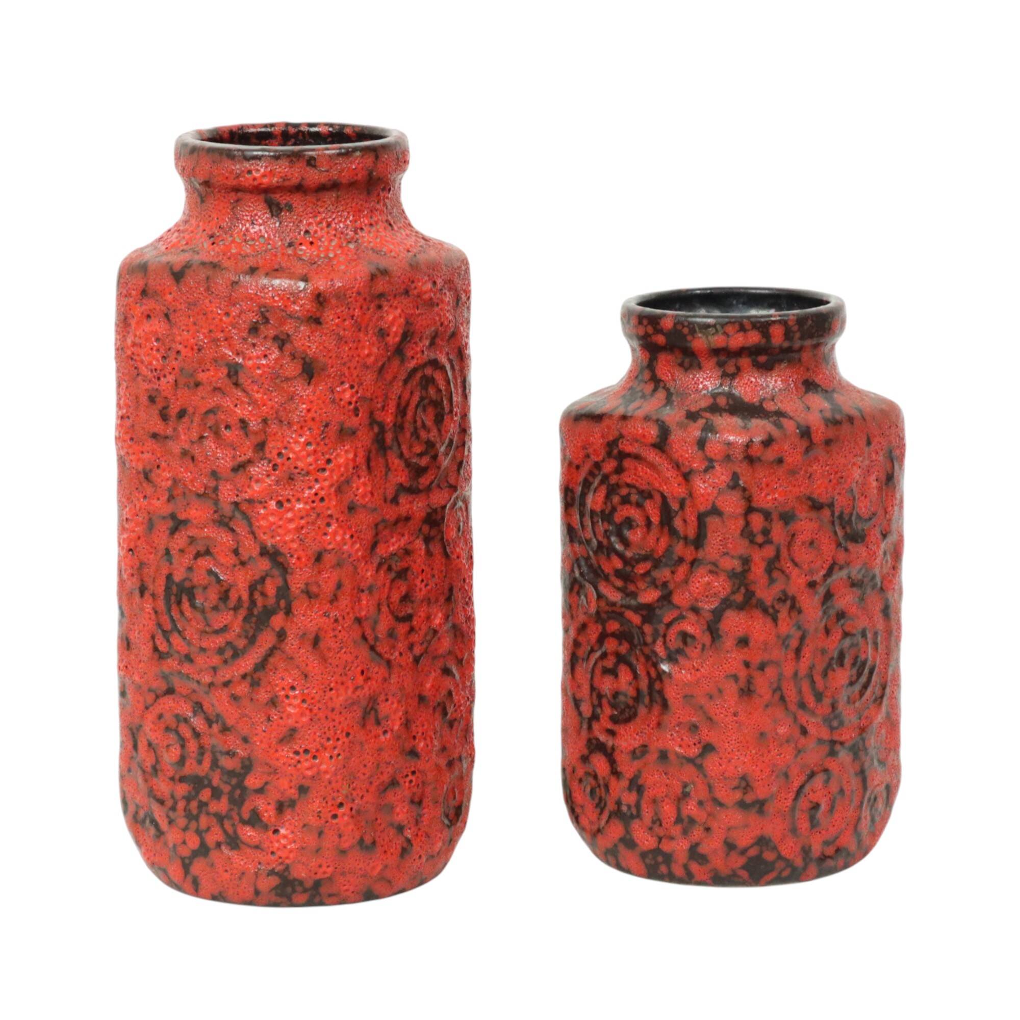 Set of 2 Red Fat Lava Vases Scheurich Jura West Germany