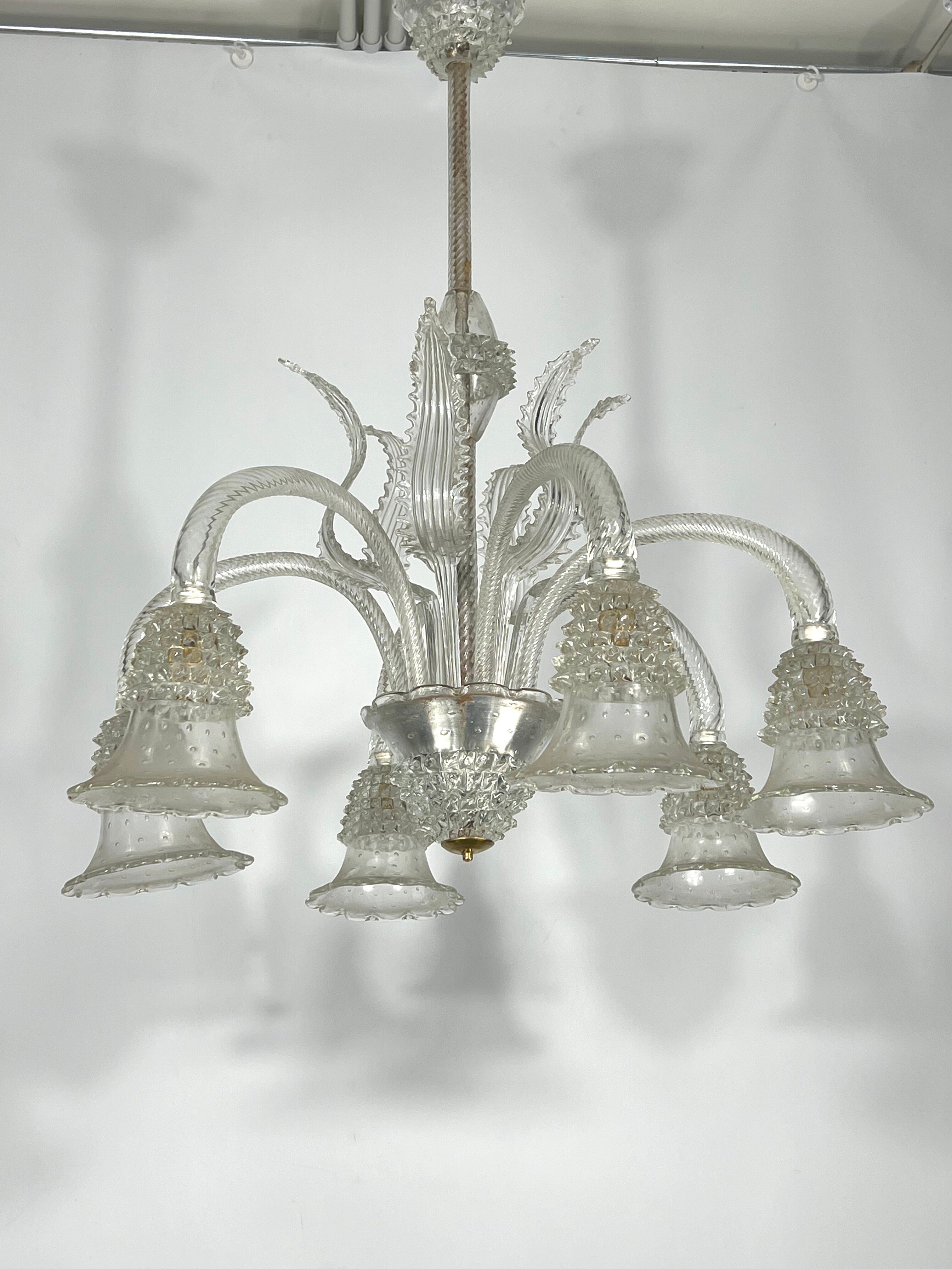 Mid-century six arms Murano Bullicante Rostrato chandelier by Ercole Barovier