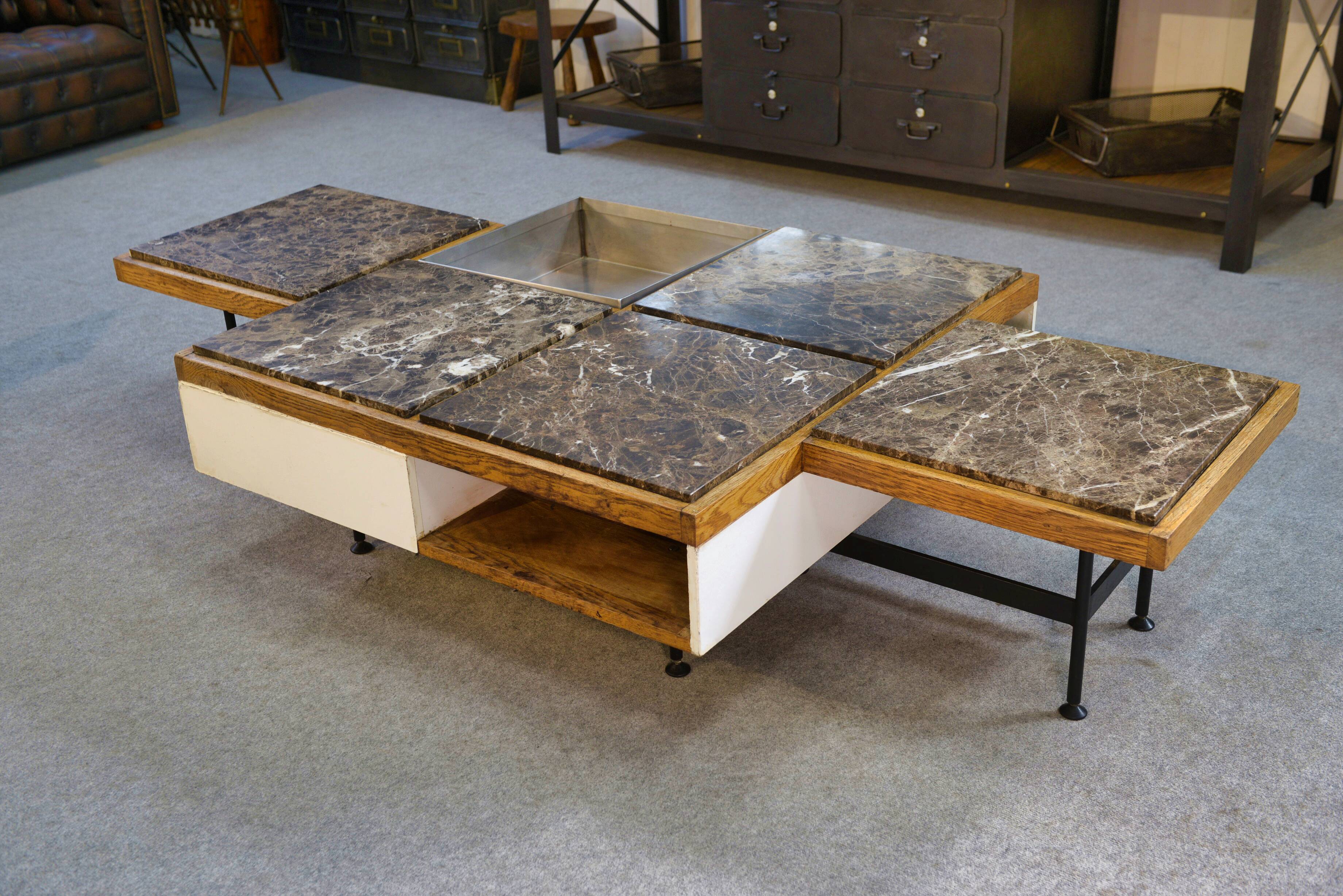 Coffee table with steel base and oak and grey marble frame, 1970s