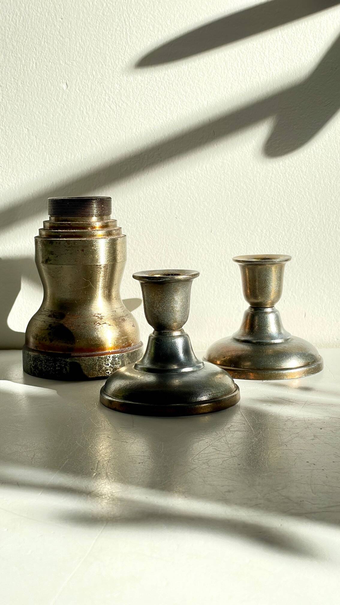 Industrial candle holders steel and silver bronze vintage
