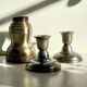 Industrial candle holders steel and silver bronze vintage