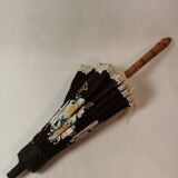 Ancienne ombrelle parapluie de poupée  en bois et tissus à fleurs époque 1950
motifs asiatiques