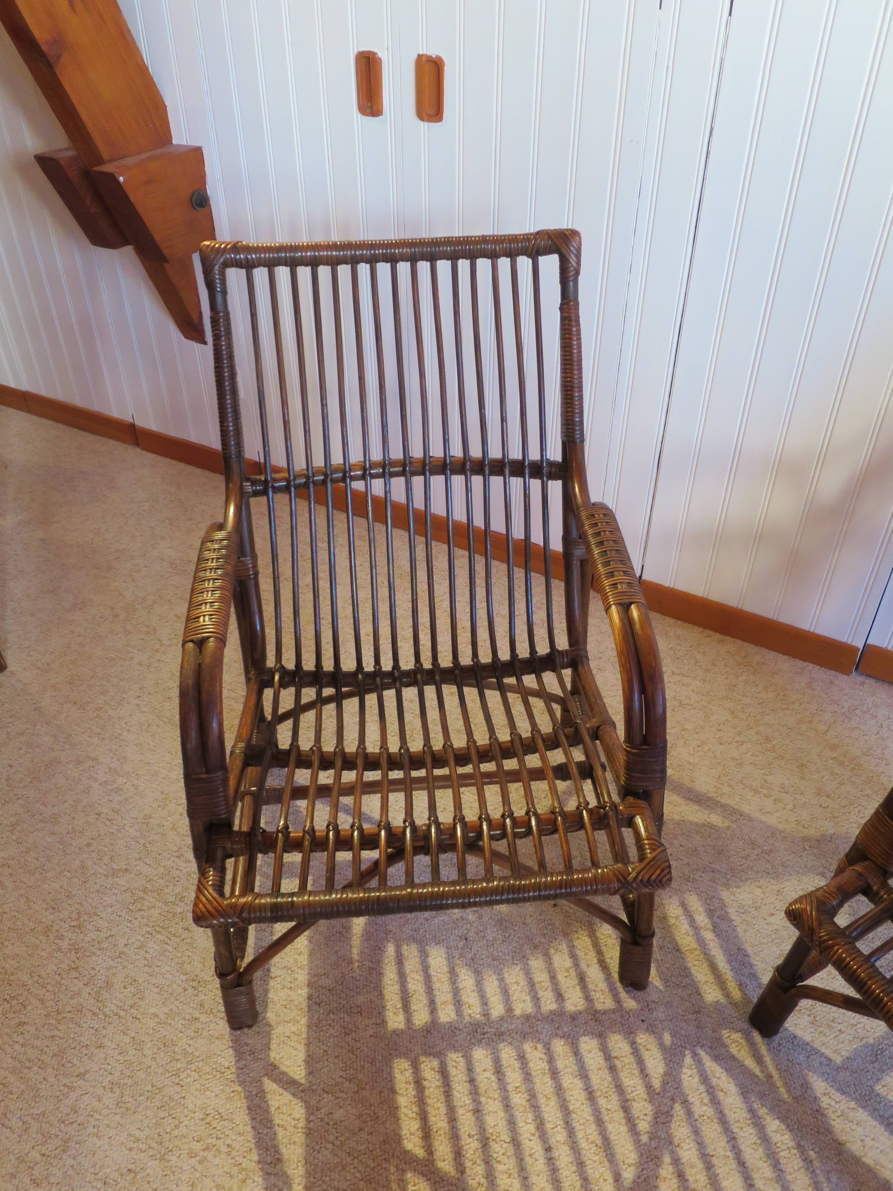 Lot de 2 Fauteuils de jardin en rotin et bambou -Vintage -Années 60 - avec coussins - vernis satin