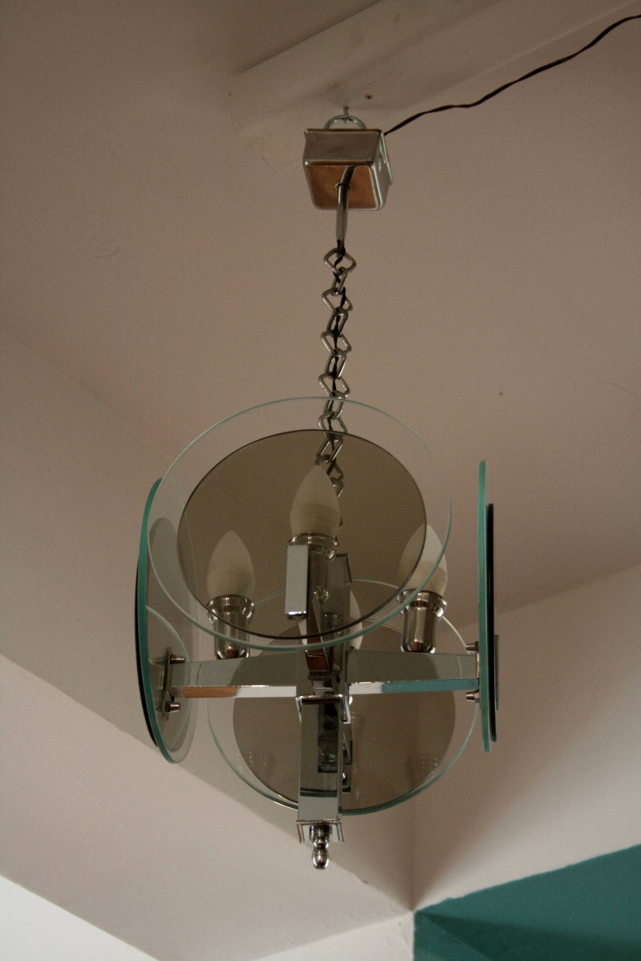 Vintage Art Deco chandelier in chrome metal and glass, Italy, 1970s