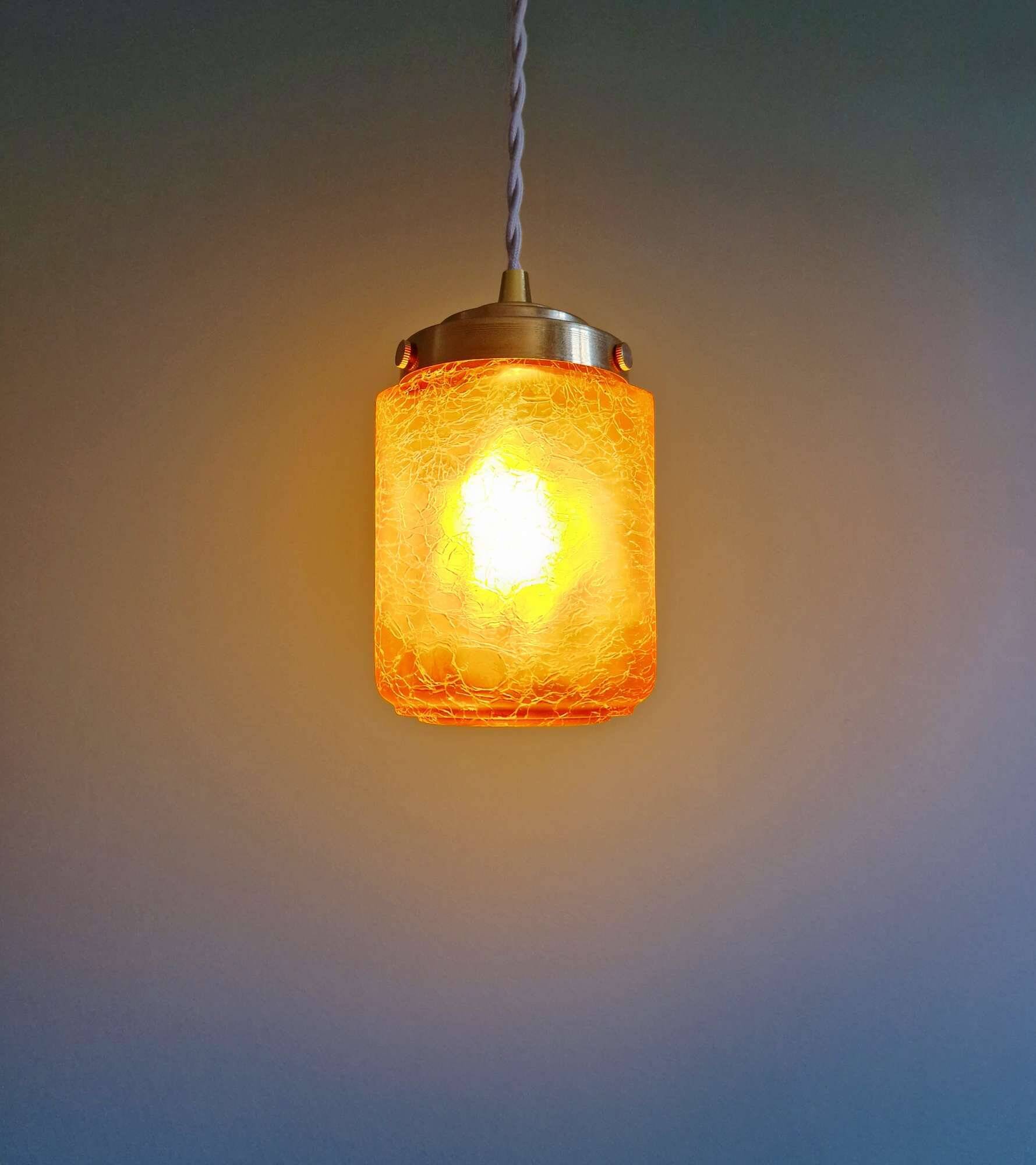 Art Deco pendant light in amber-colored crackled glass, 1920-30
