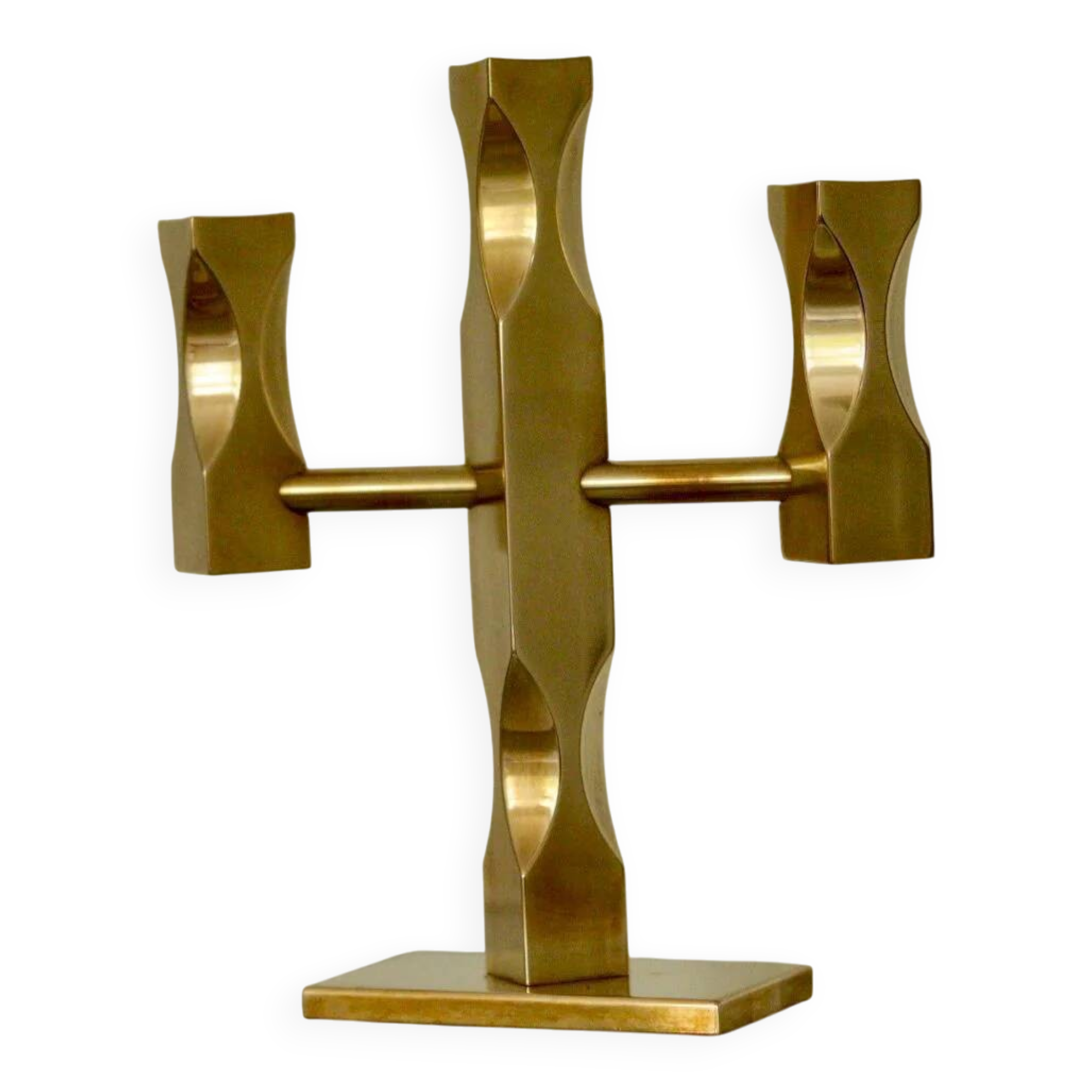 Swedish three-armed candelabrum in brass by Lars Åkesson for Vallonmässing