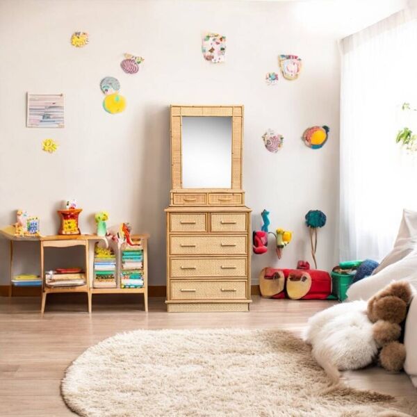 Commode et miroir en rotin et osier tressé 1970