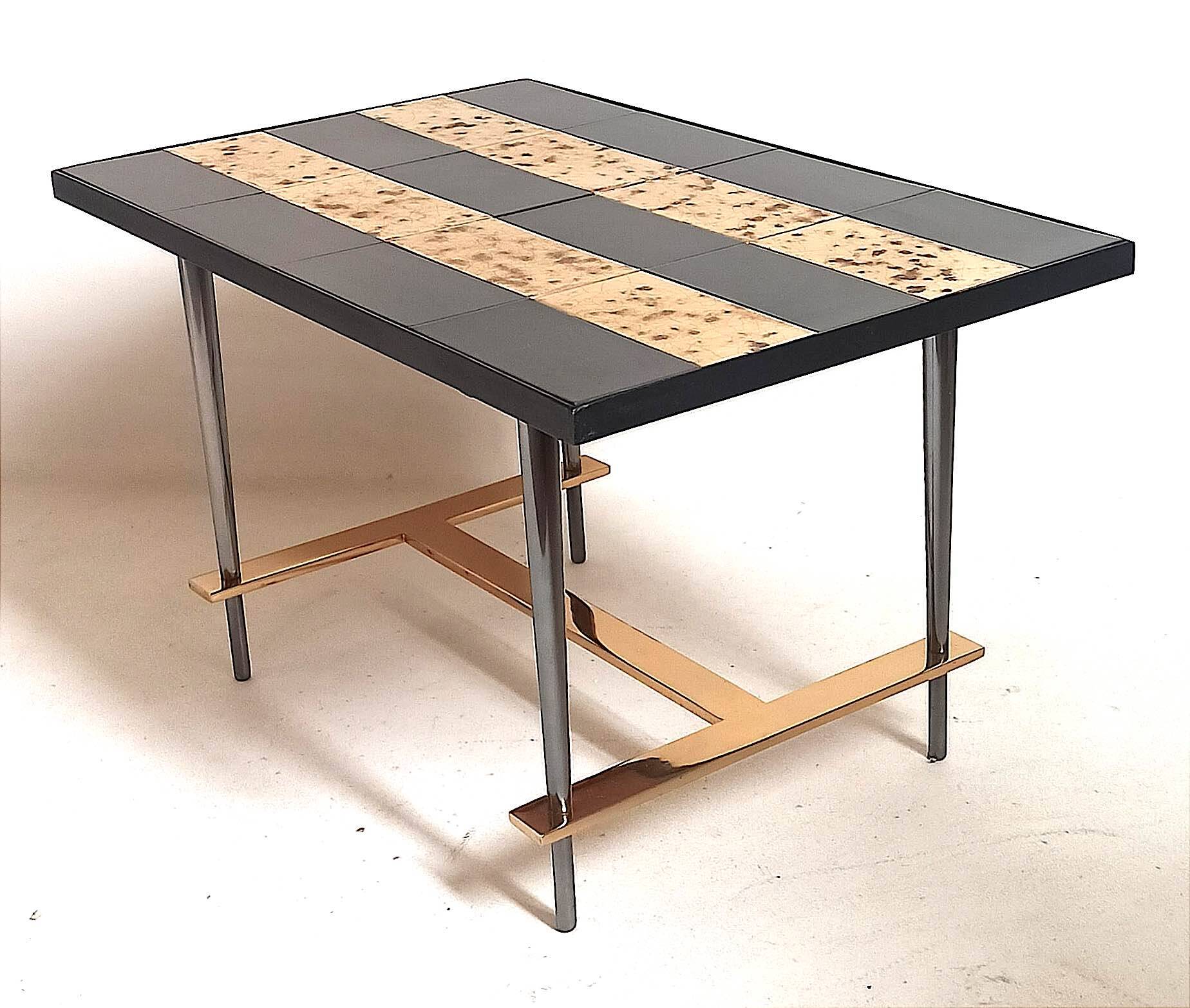 Coffee table with ceramic tiles and gold leaf, height 36 cm, 1950s