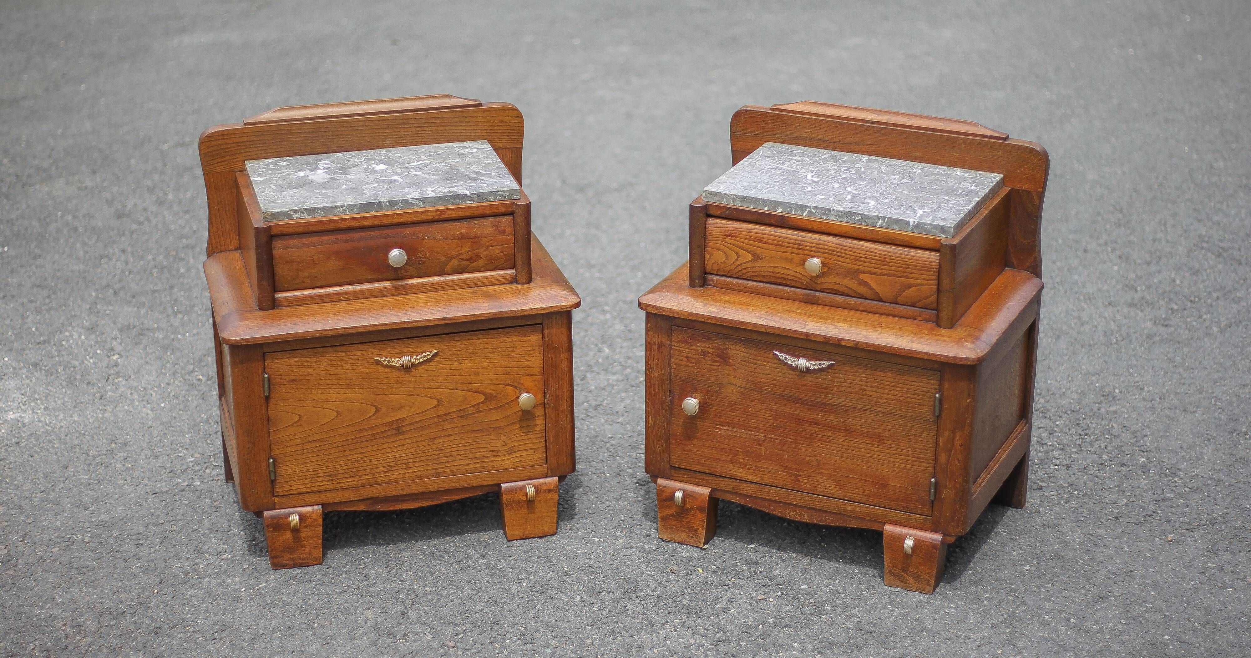 Pair of wooden nightstands, art deco style wooden bedside table, wood and marble table