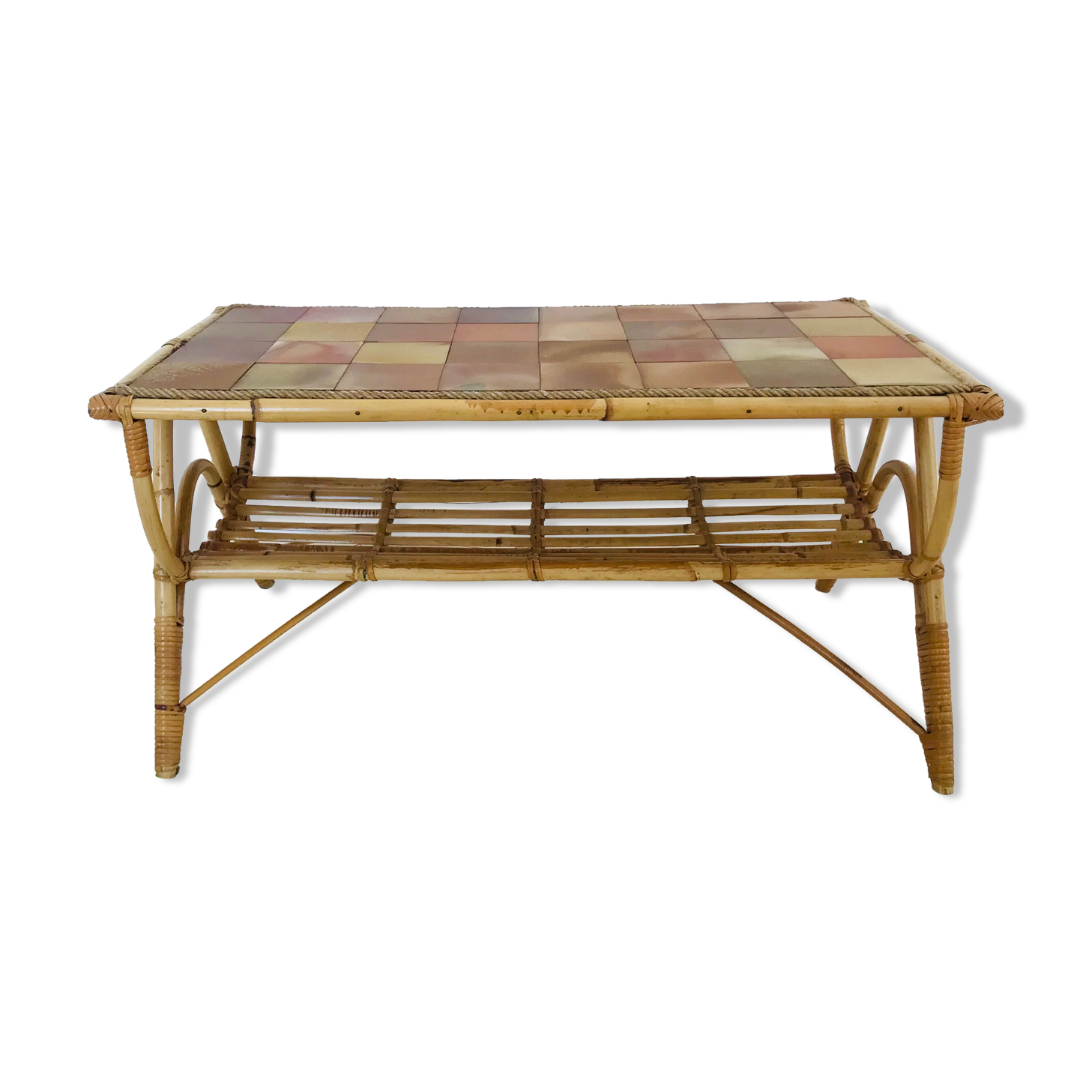 Rattan coffee table and ceramic tiles, France 60s