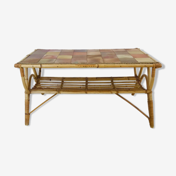 Table basse en rotin et carreaux céramique, France années 60