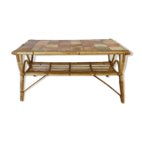 Rattan coffee table and ceramic tiles, France 60s