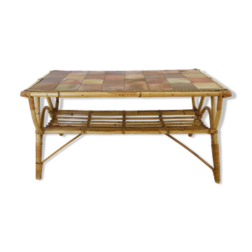 Rattan coffee table and ceramic tiles, France 60s