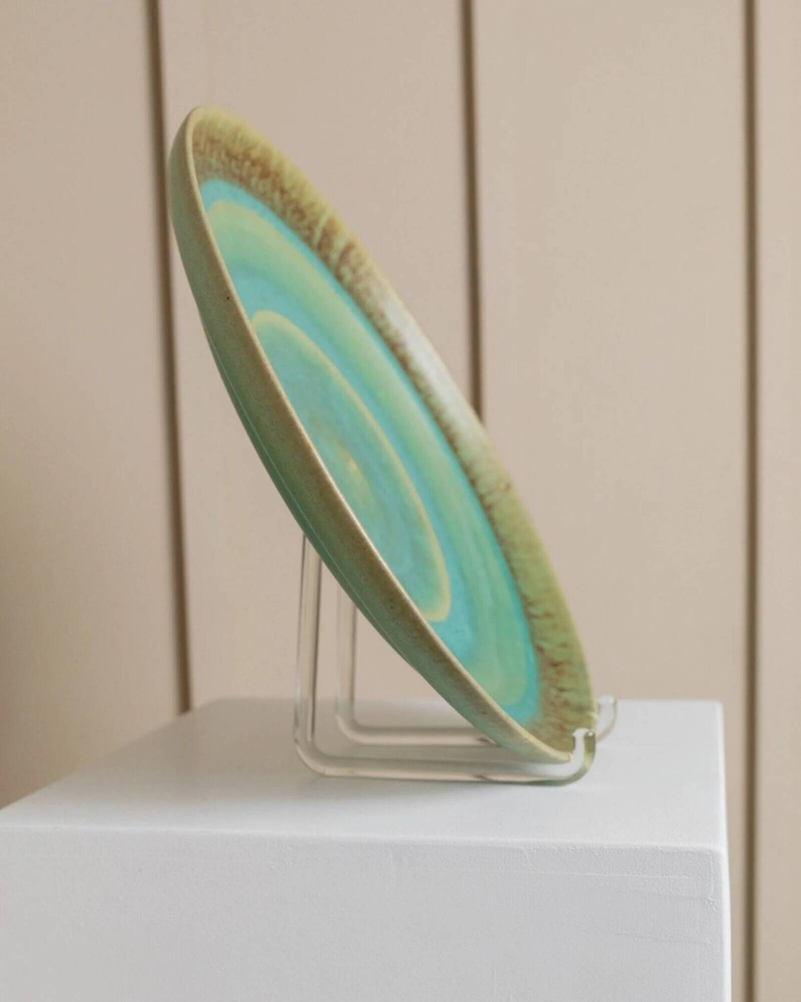 Large vintage studio ceramic bowl XL - organic shape - graduated turquoise green glaze - Denmark 1970s