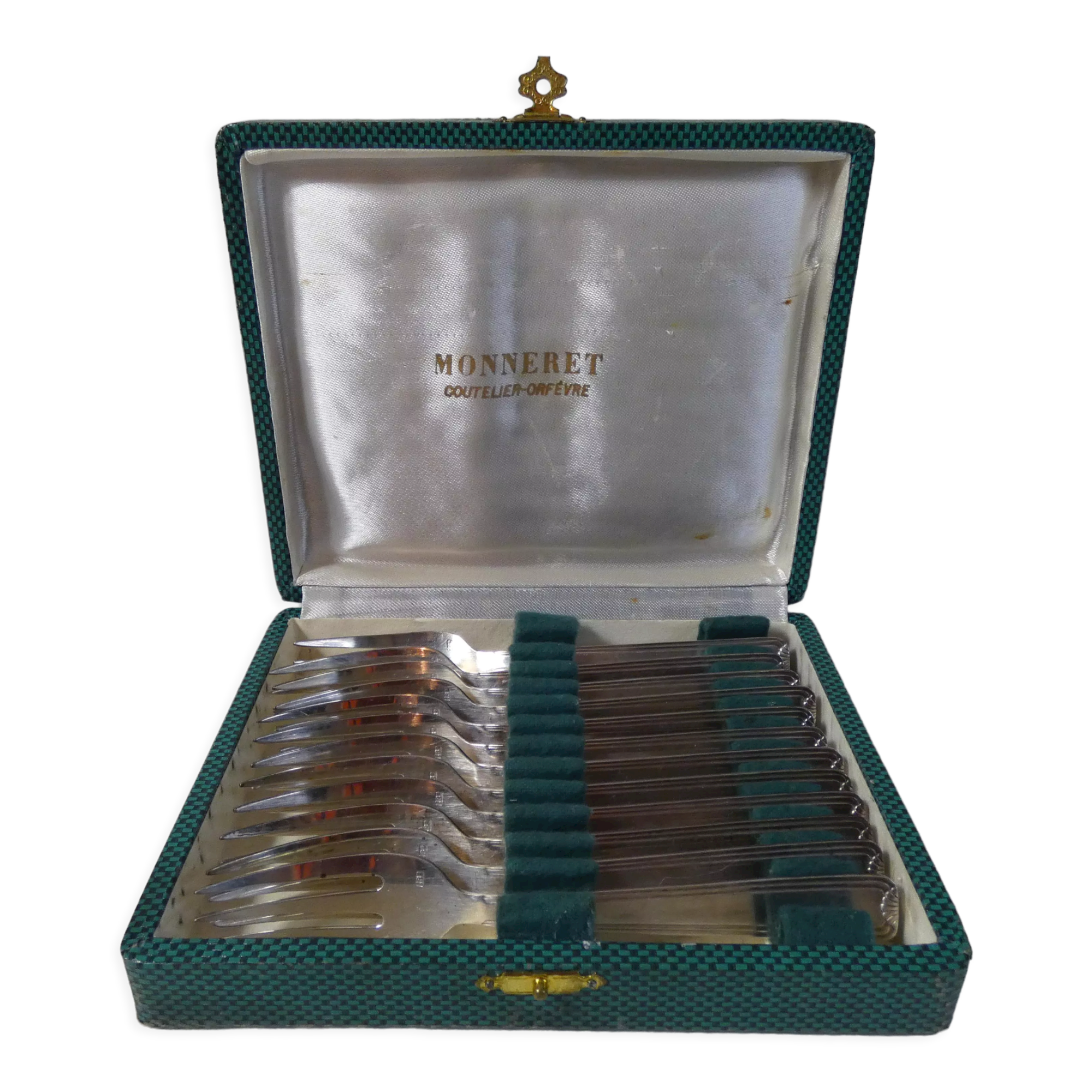 Old box 12 dessert forks in silver metal