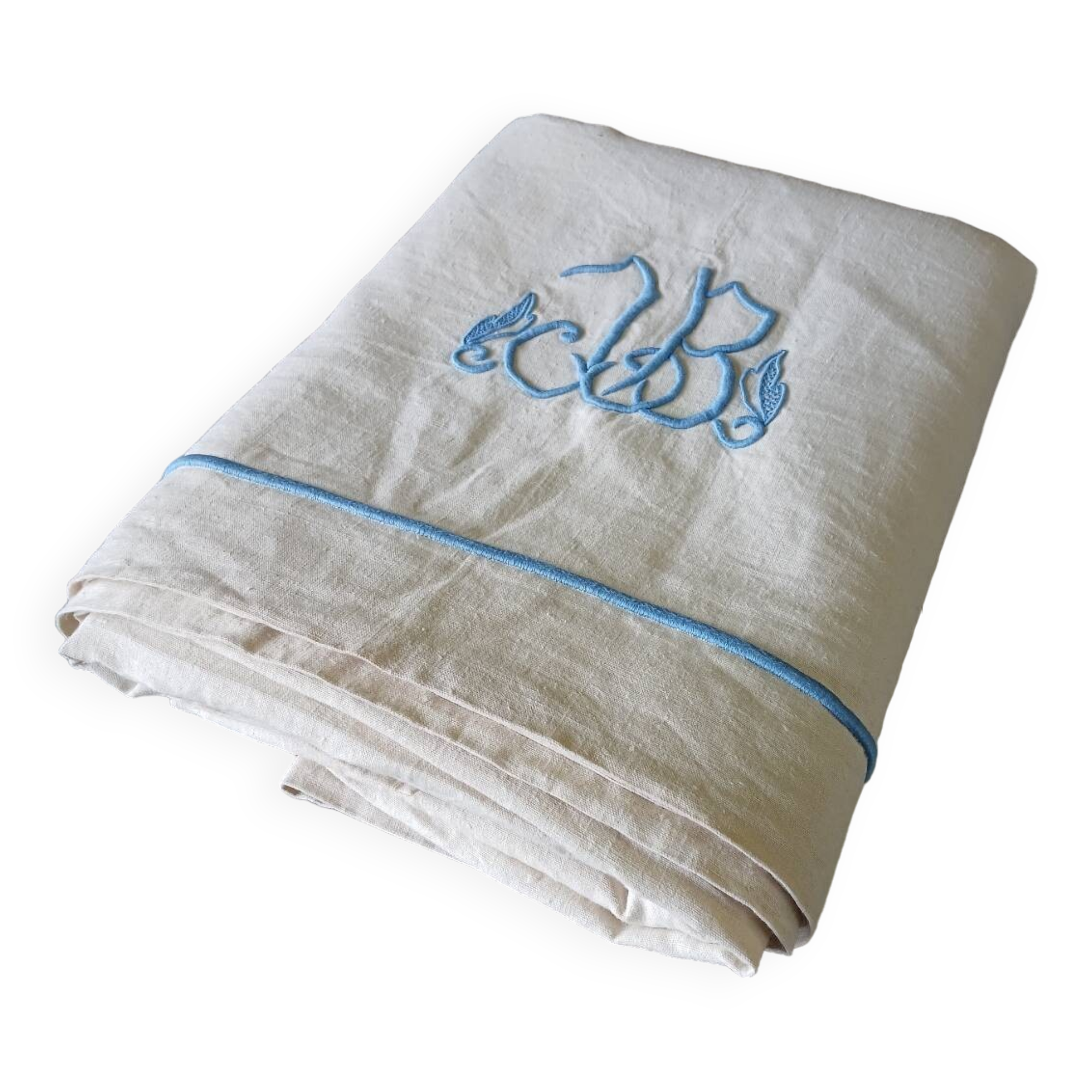 Antique linen sheet with JB embroidery
