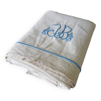 Drap ancien en lin broderie JB