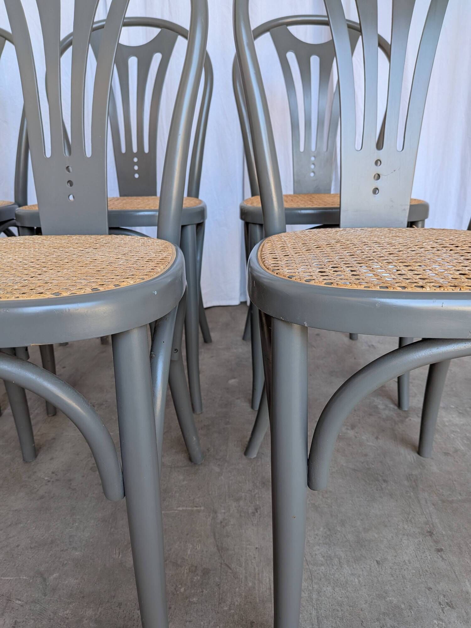 Set of 8 Vintage Gray Bentwood Dining Chair: Thonet Style Cane Seat