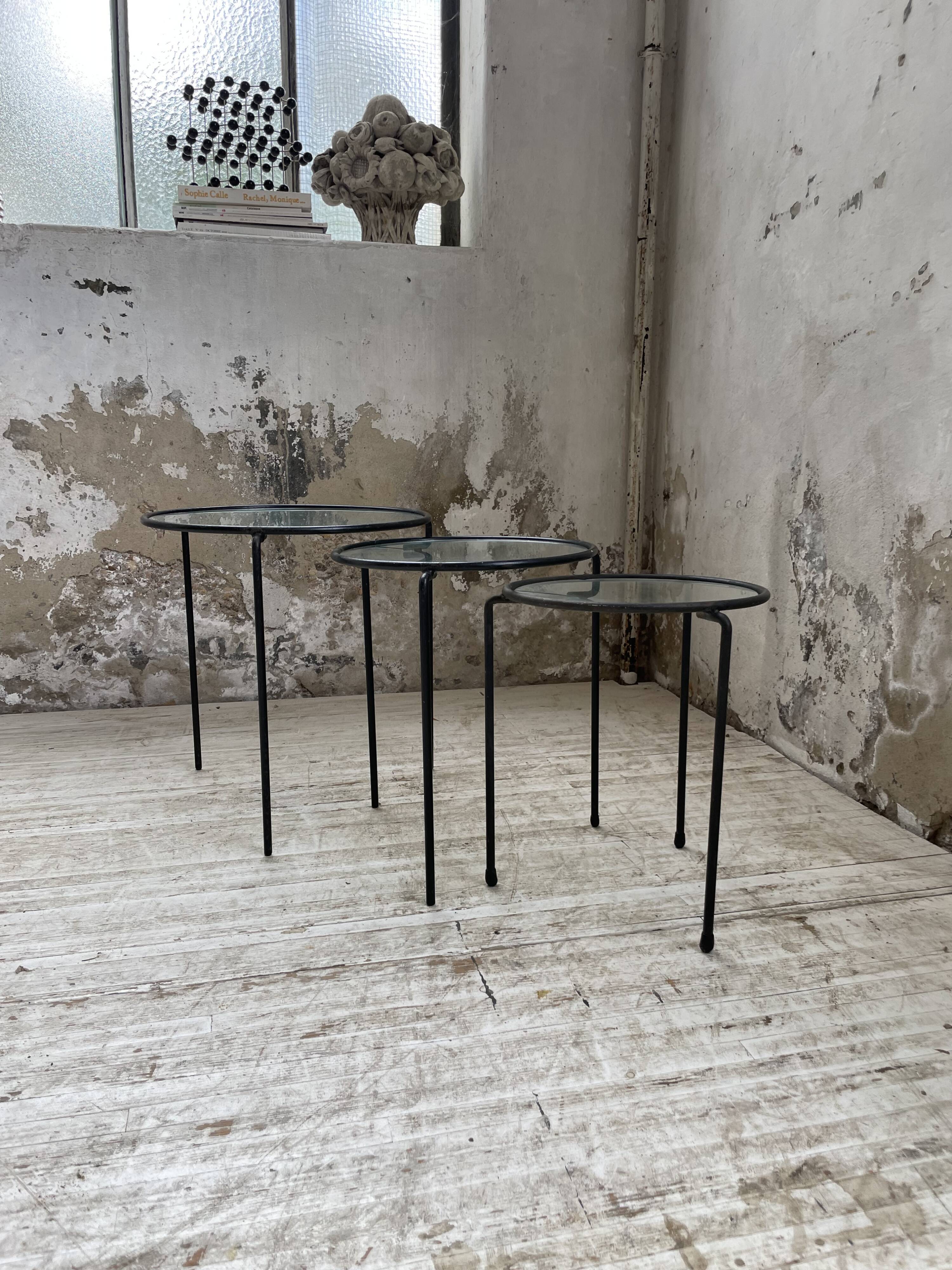 50s metal and glass nesting coffee tables