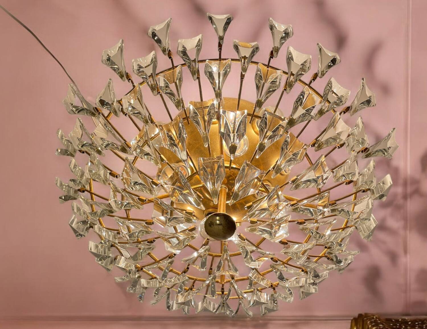 Large Brass Crystal Flushmount by Stilkronen Italy 1970’s