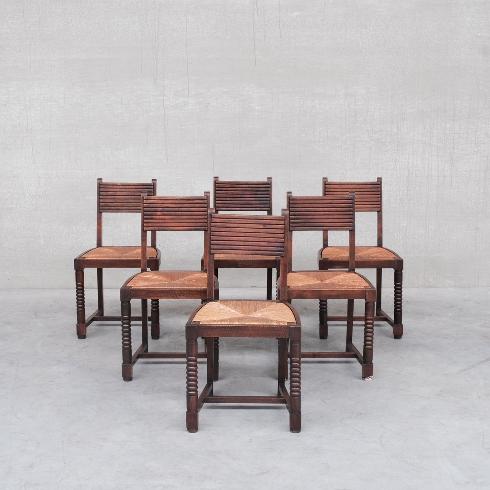 Set of six rush mid-century dining chairs