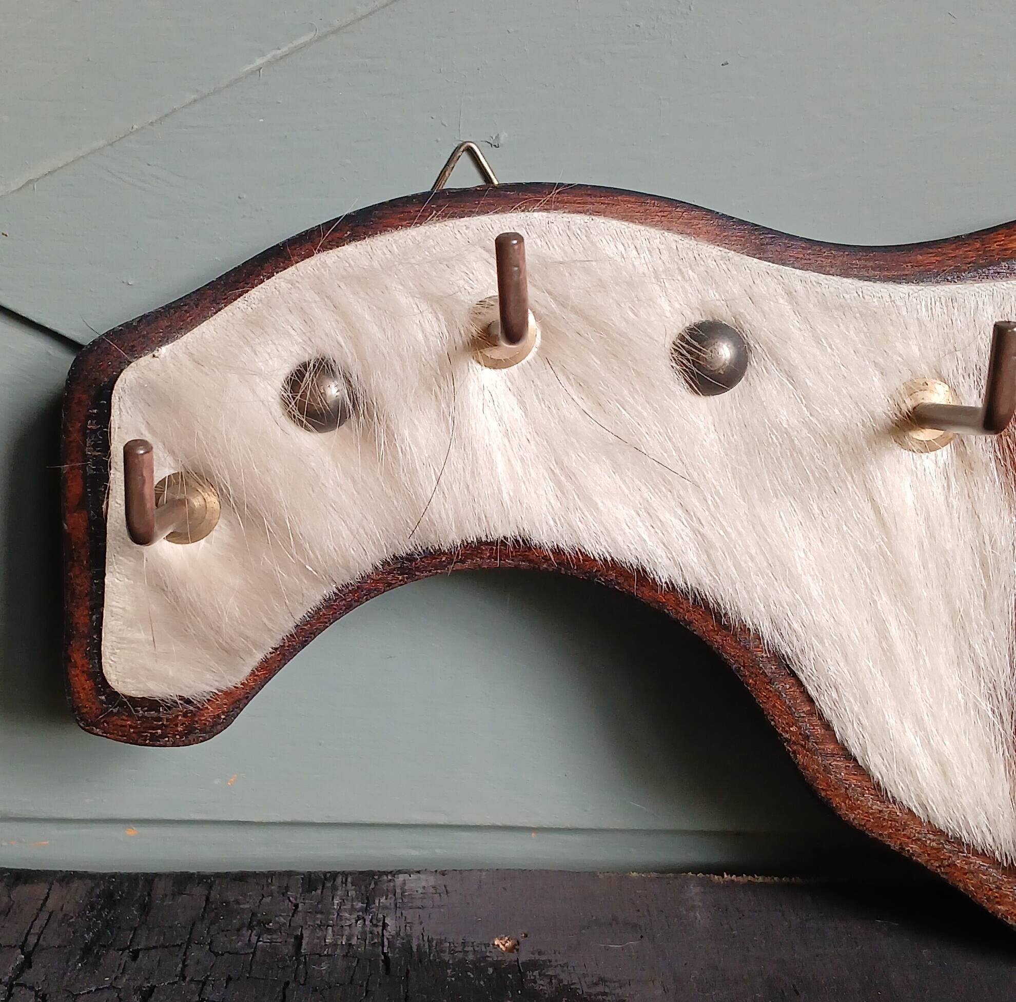 Wooden coat rack, nails & cowhide