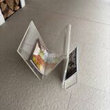 Asymmetrical design magazine rack in transparent acrylic, 70s