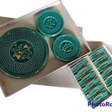 green ceramic trivet/bottle coaster/knife holder set