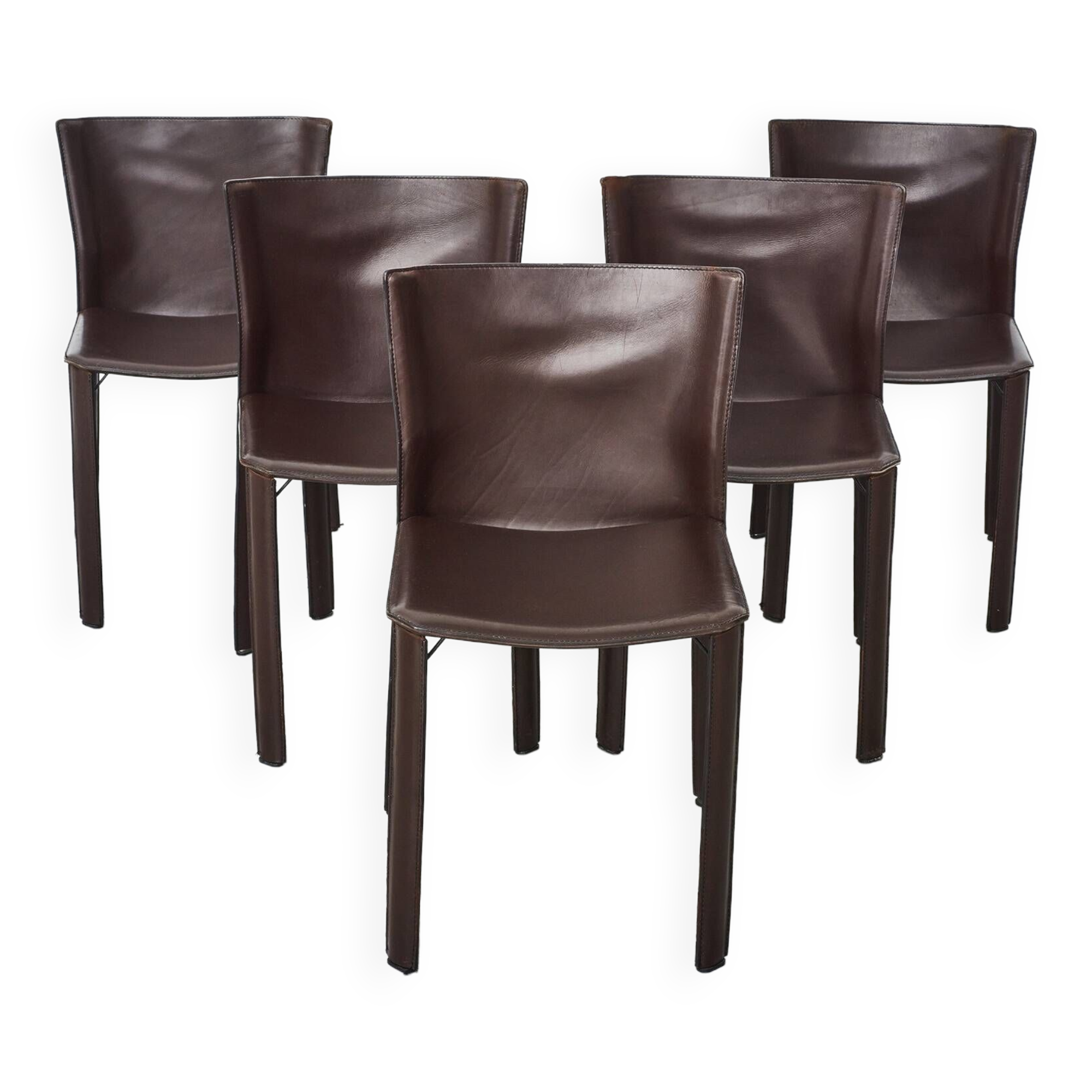 Set of 5 dark brown leather dining chairs