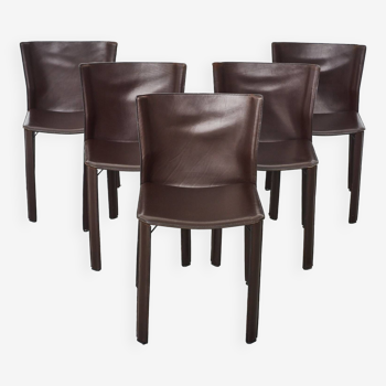 Set of 5 dark brown leather dining chairs