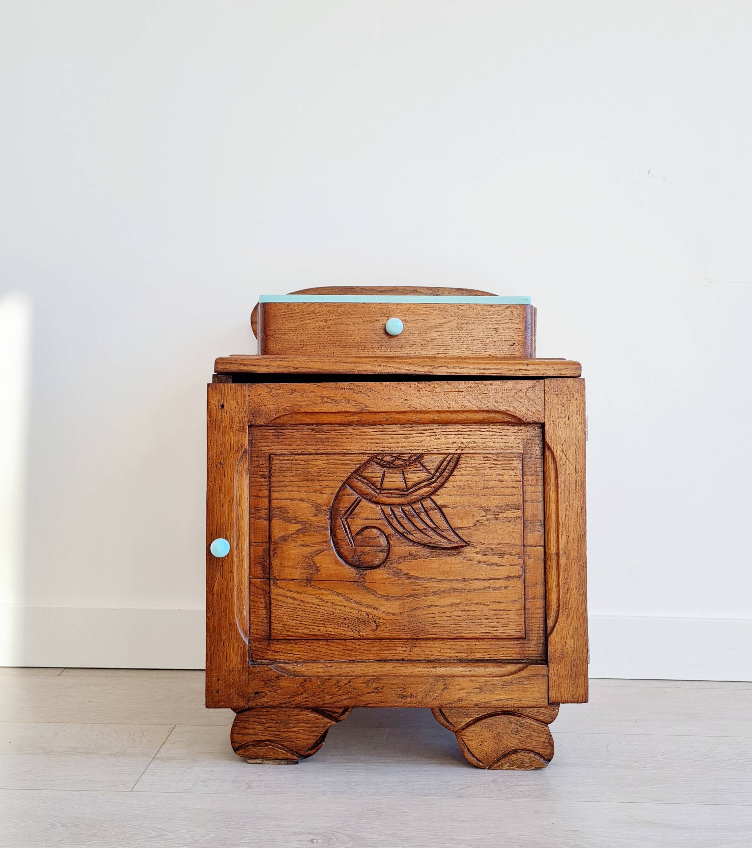 Art Deco bedside table in solid wood - blue top