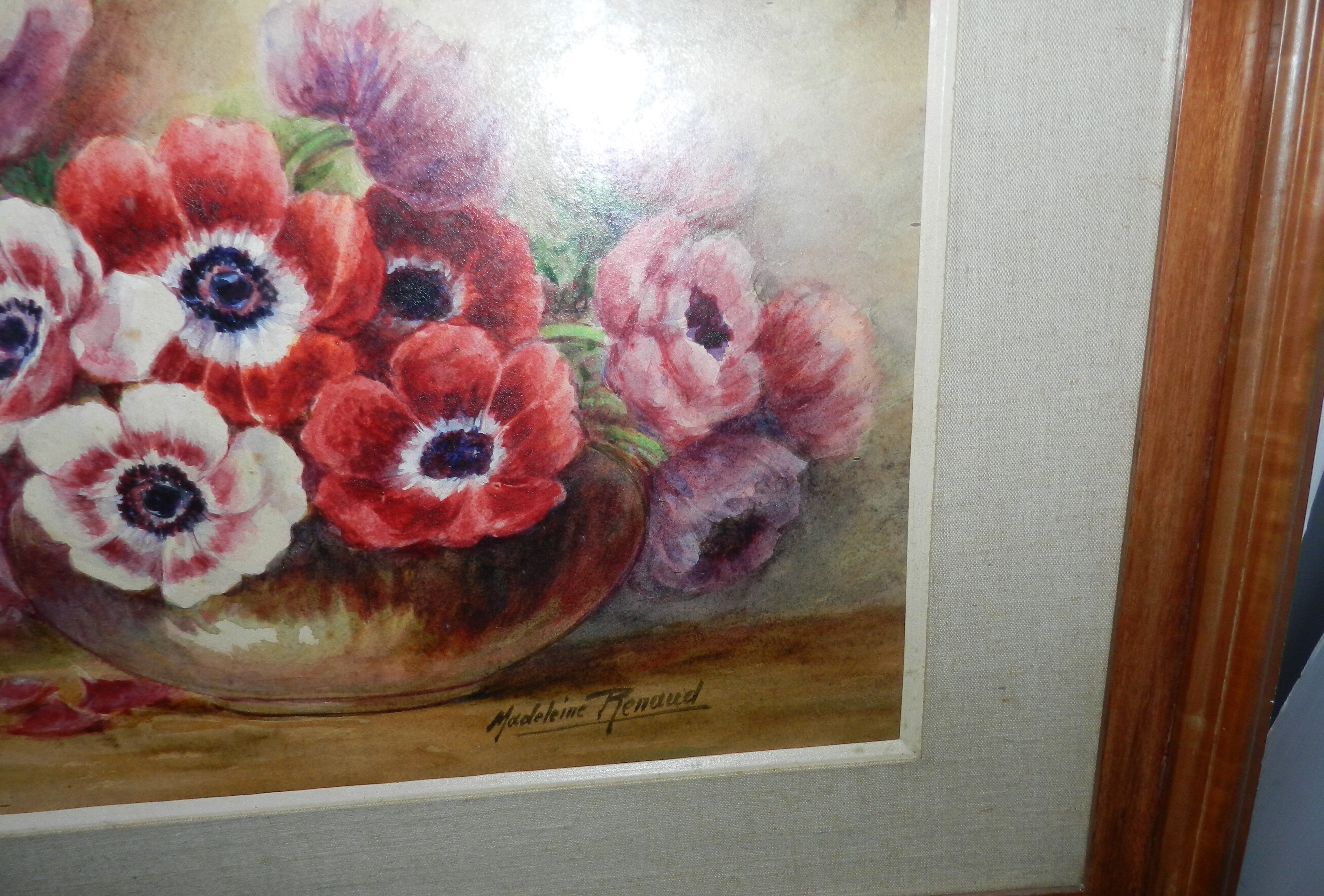 Watercolor painting framed under glass signed Madeleine Renaud