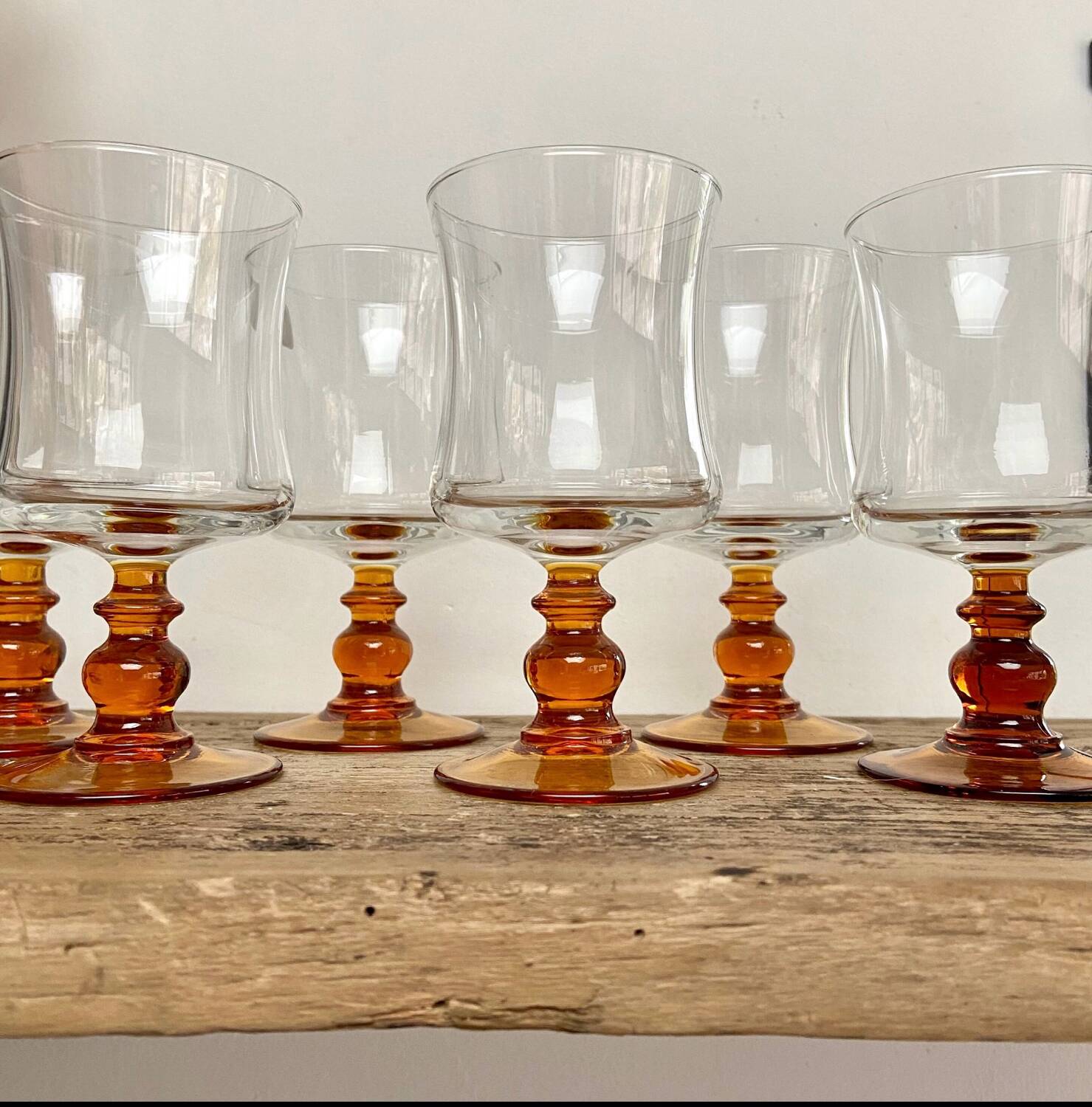 6 vintage amber stemmed glasses