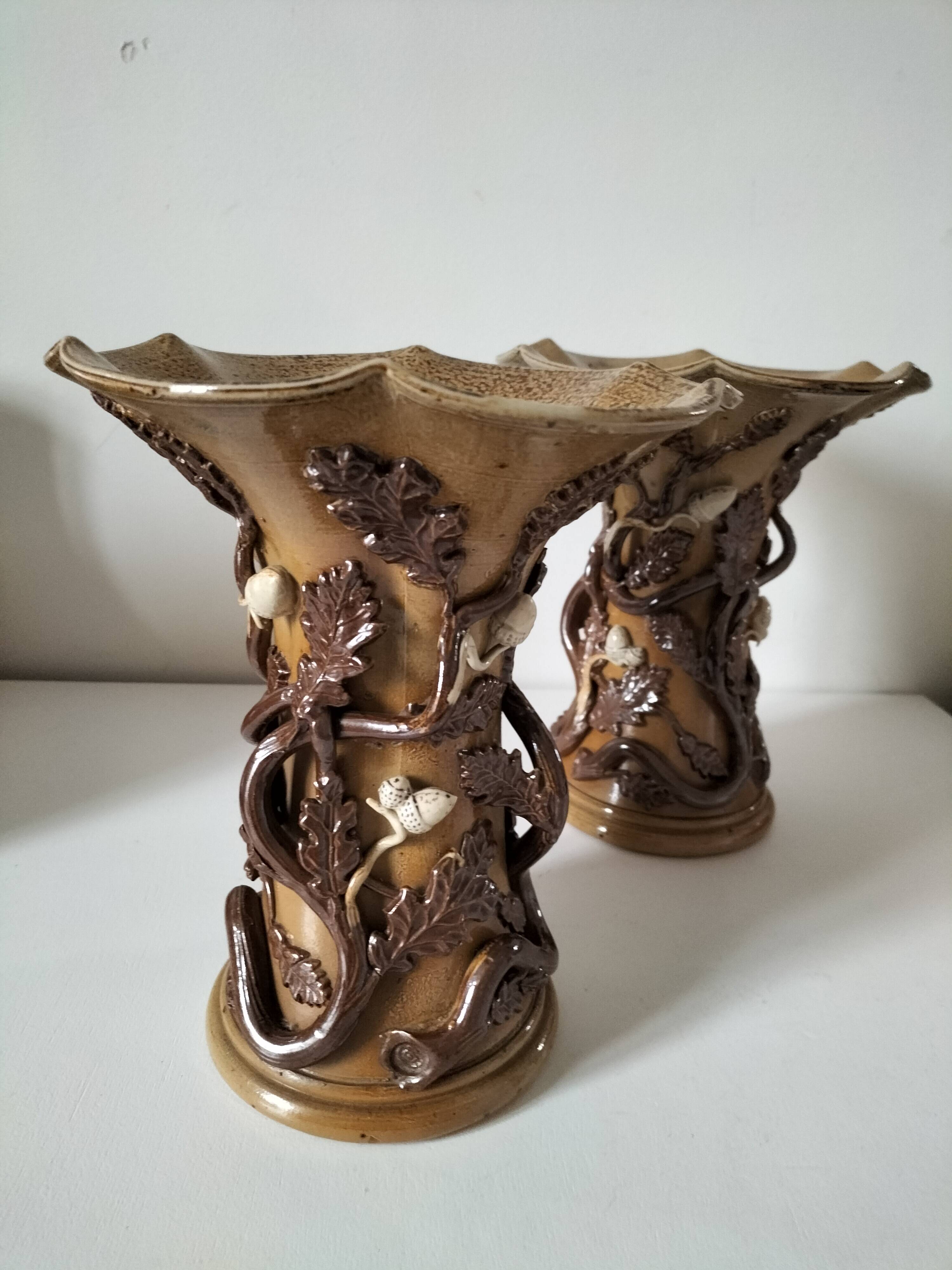 Duo of naturalistic stoneware vases – oak branches & acorns in relief