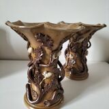Duo of naturalistic stoneware vases – oak branches & acorns in relief