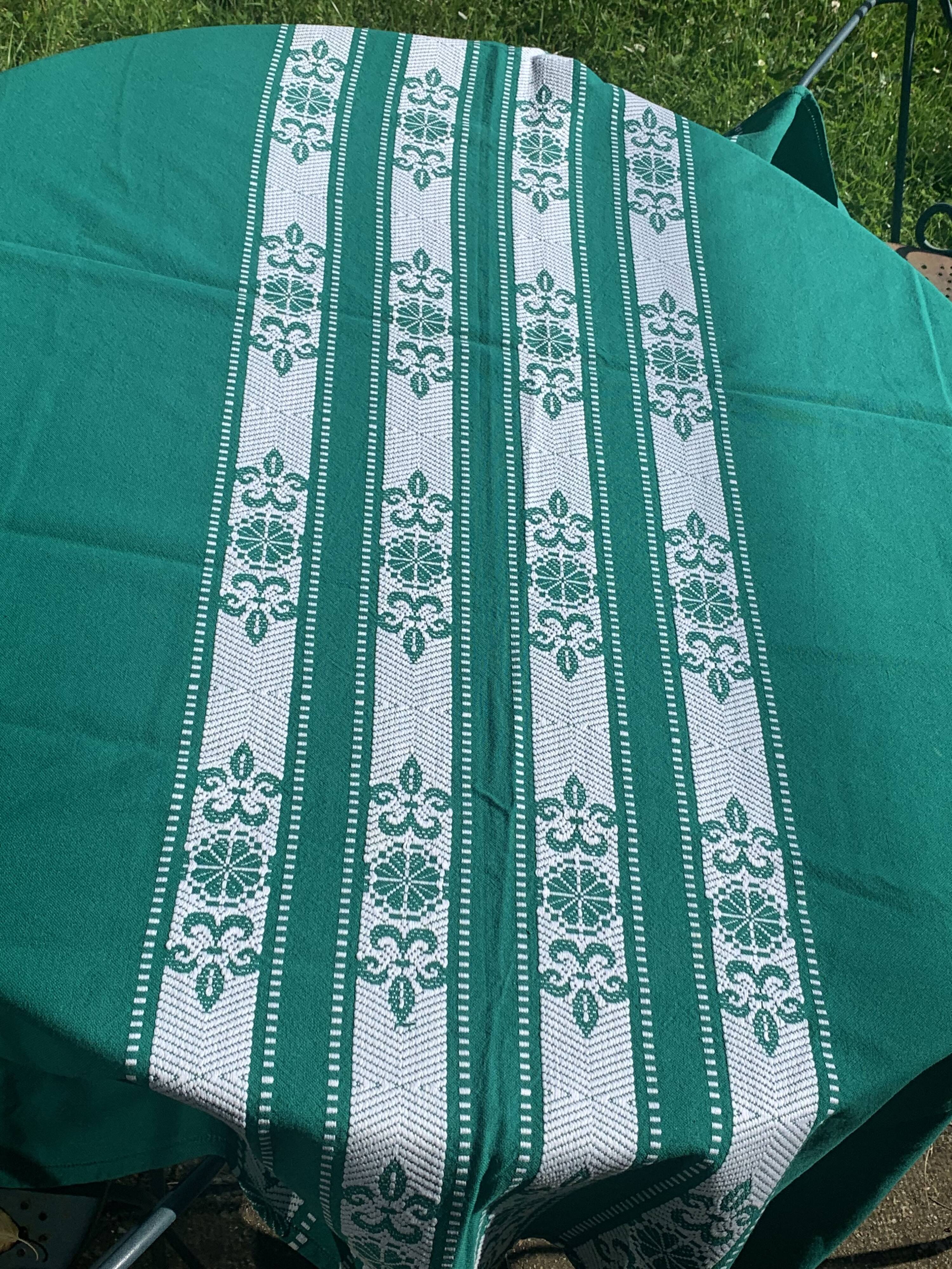 Helena Biarritz tablecloth, made in France, Basque linen, green with white embroidery, Vintage