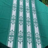 Helena Biarritz tablecloth, made in France, Basque linen, green with white embroidery, Vintage