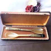 Salad cutlery box in vintage blond horn 30/40 France