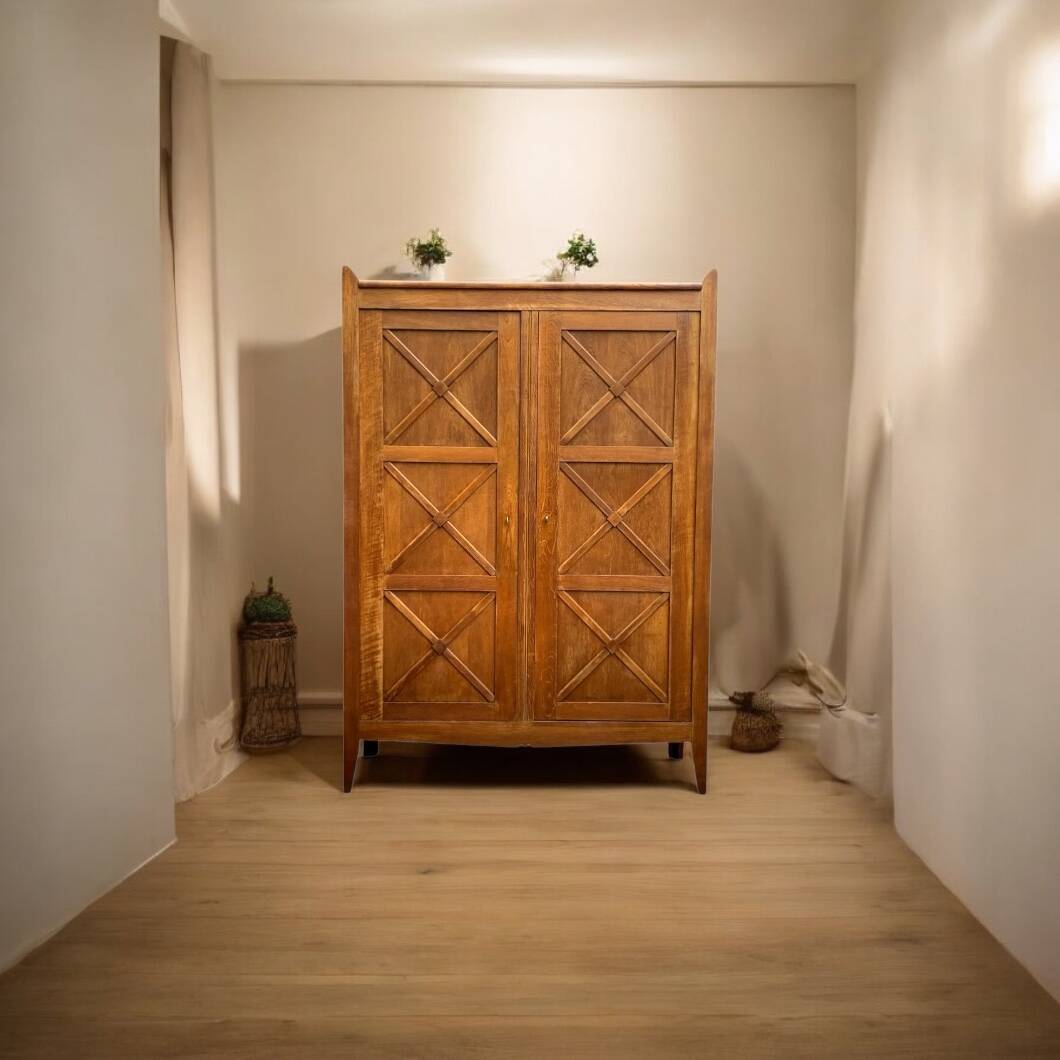 Vintage solid oak cross-braced wardrobe 1940