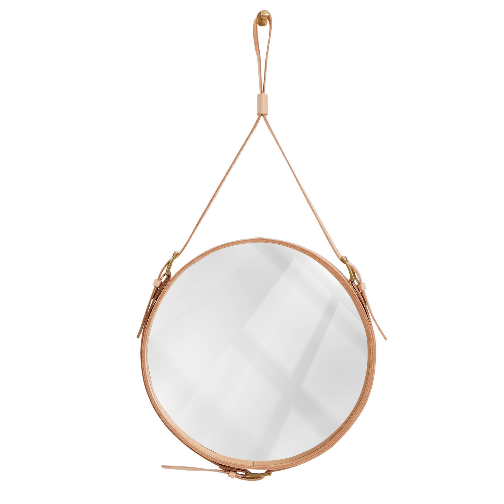 Handmade J. Adnet style mirror in natural vegetable-tanned leather, ø 45 cm