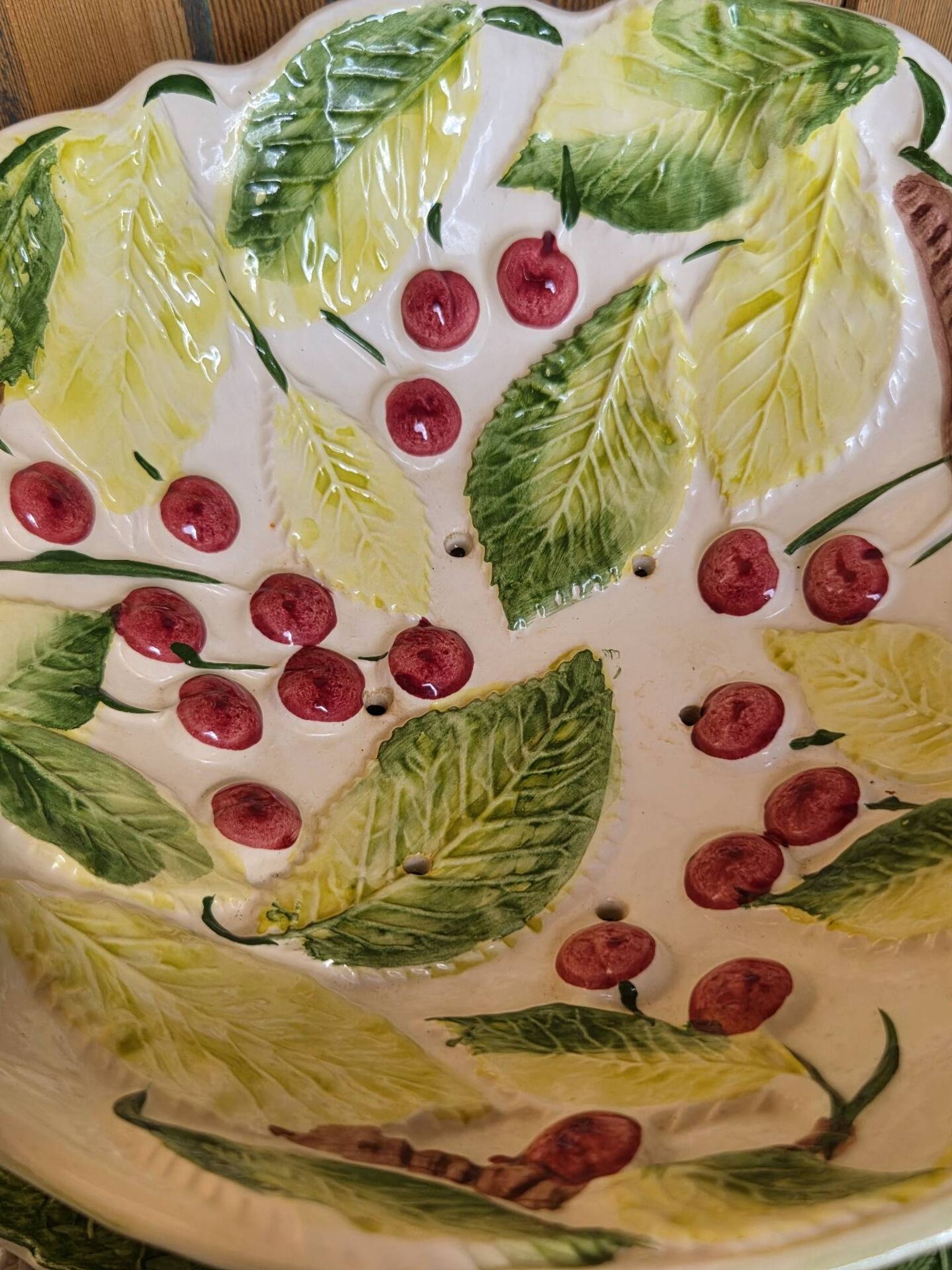 Vintage fruit colander bowl in barbotine signed GV
