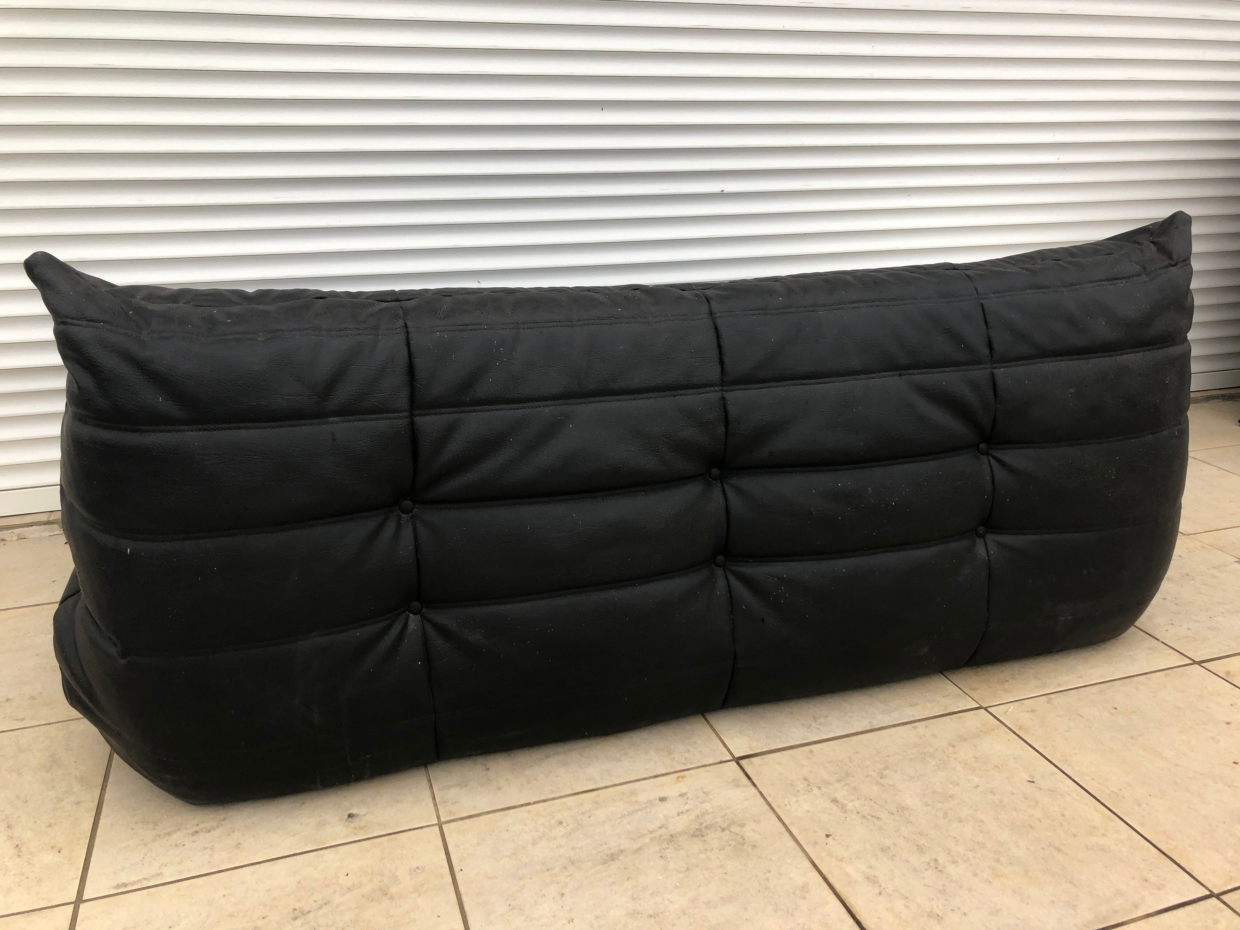 3-seater black leather Togo sofa by Michel Ducaroy for Roset Line