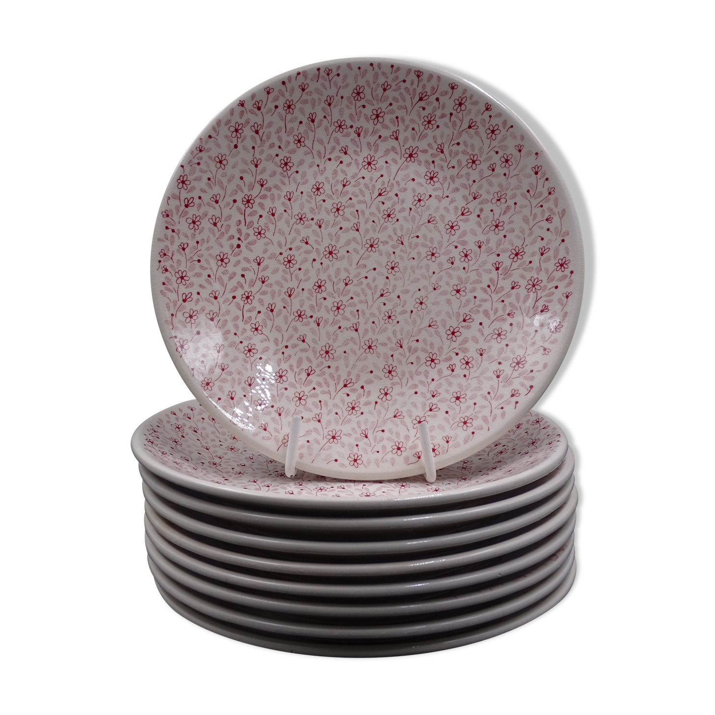 Set of 9 dessert plates in earthenware of Sarreguemines - Décor of pink flowers - 1970