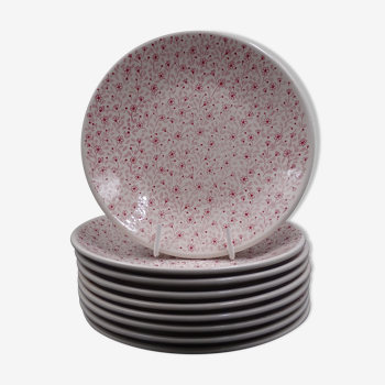 Set of 9 dessert plates in earthenware of Sarreguemines - Décor of pink flowers - 1970