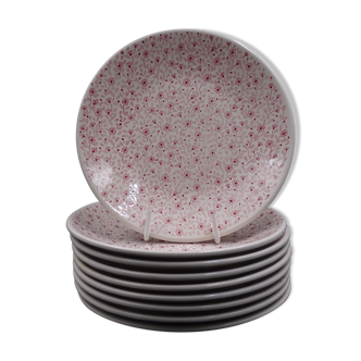 Set of 9 dessert plates in earthenware of Sarreguemines - Décor of pink flowers - 1970