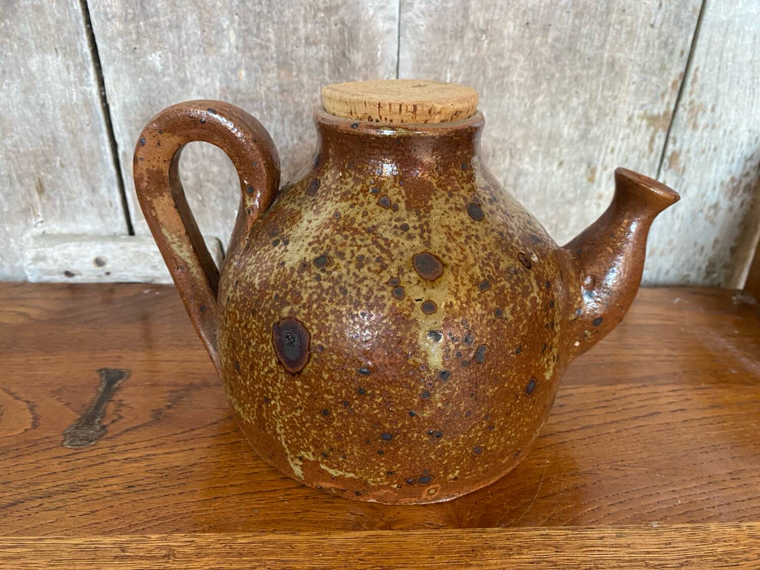 Antique brown beige pyrite stoneware teapot + vintage cork stopper