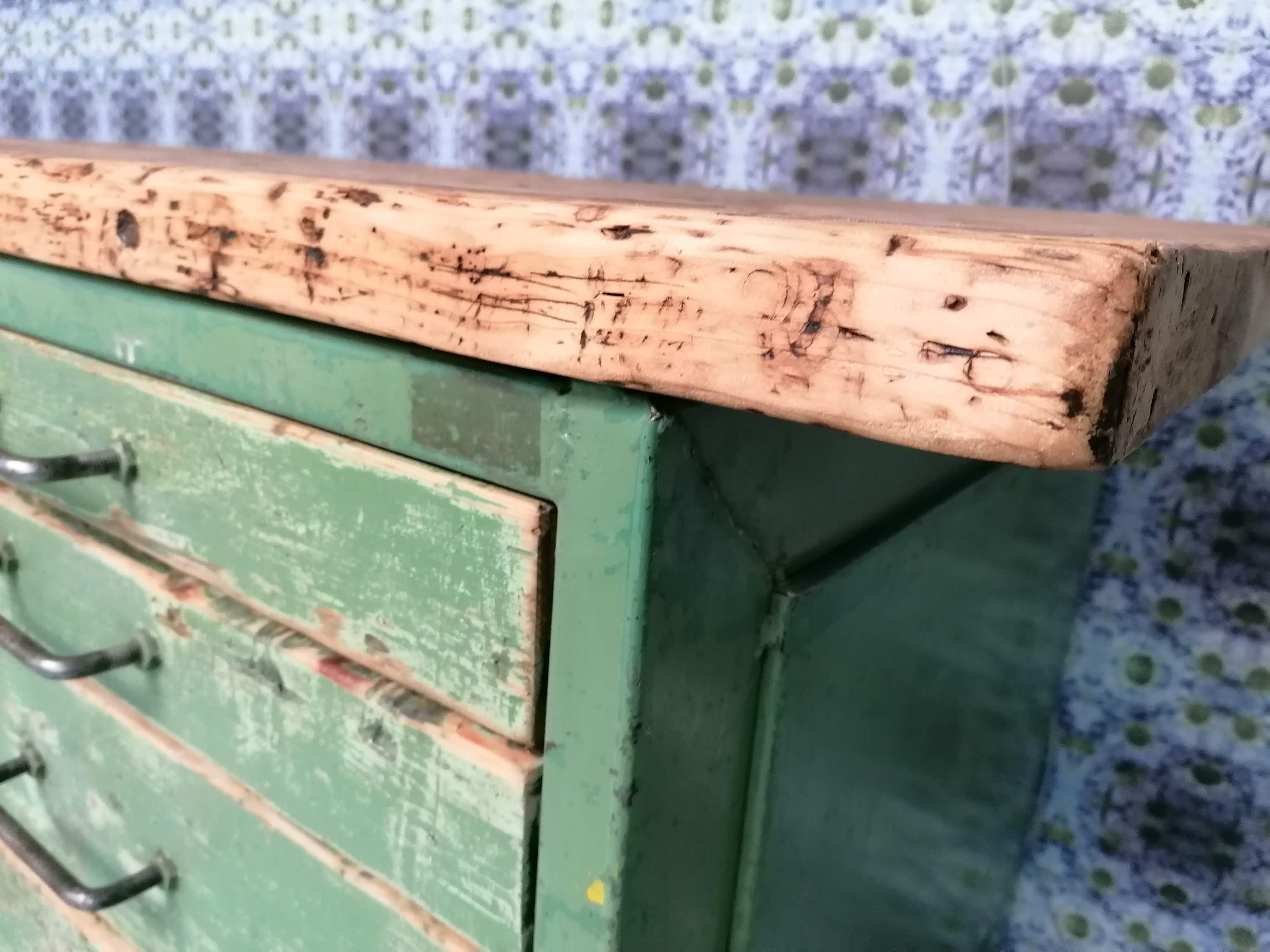Old wooden garage workbench, industrial vintage.