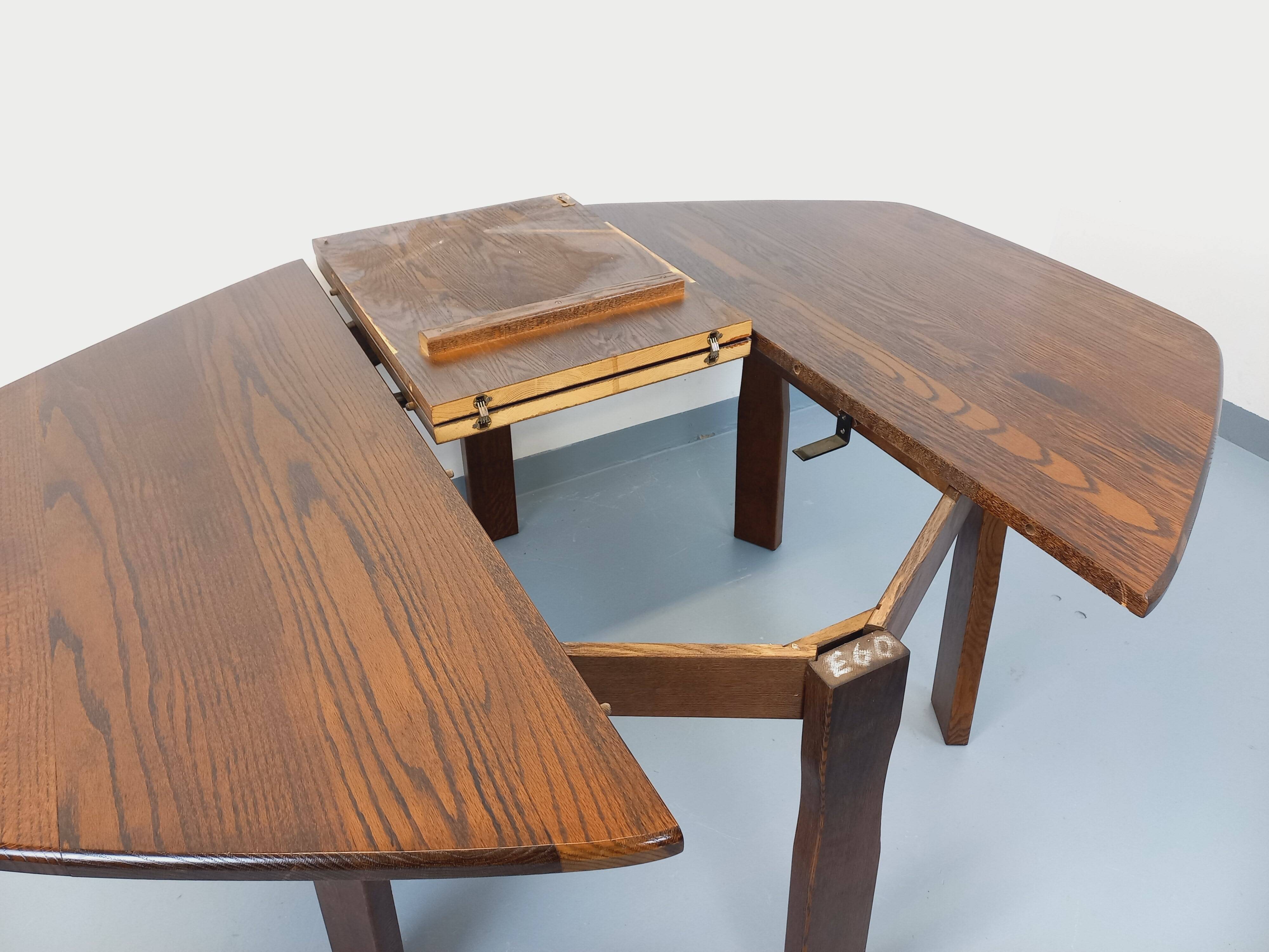 Vintage brutalist hexagonal dining table made of oak from the 1950s.
