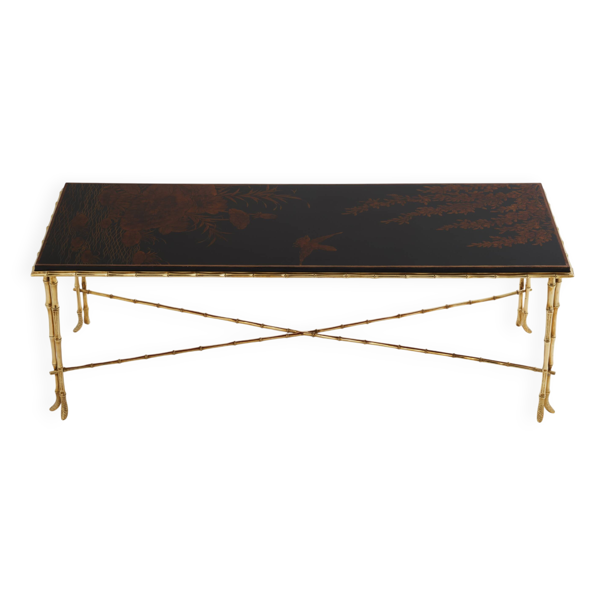 Bamboo coffee table with brass and Chinese lacquer Maison Baguès 1950